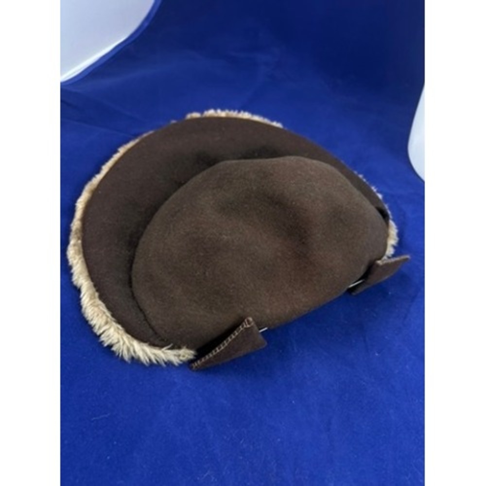 Vintage 1940s Brown Felt Hat Fur Trim Tilt Cap Women's Winter Hat - Picture 6 of 10